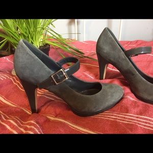 Grey suede Mary Jane style heels, size 8